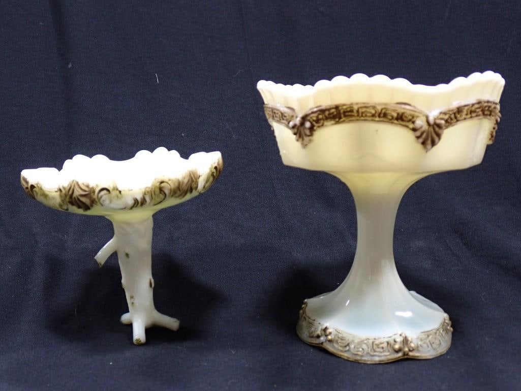2 Antique Custard Glass Pedestal Bowls incl Northwood: 2 Antique Custard Glass Pedestal Bowls incl 1890s Northwood Custard Glass Crysanthemum Sprig Pedestal Bowl