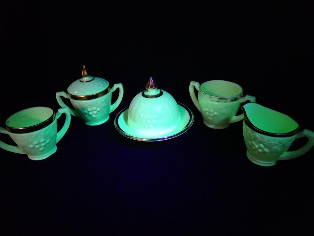Antique Northwood Uranium Custard Glass Grape and Gothic Arch incl Covered Butter Dish, Creamer, (1 of 9)
