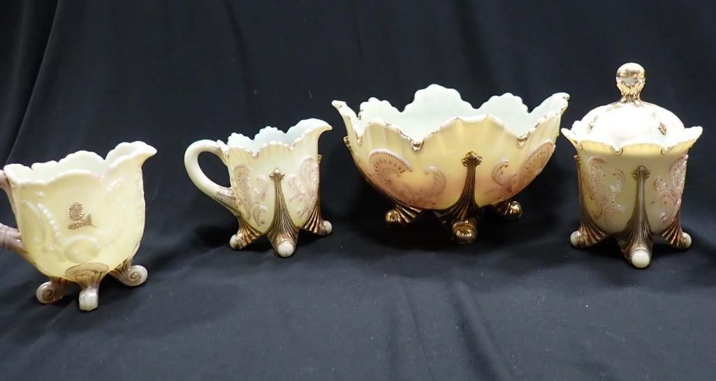 Antique Northwood Inverted Fan and Feather Custard Glass Footed Bowl, Creamer, Covered Sugar Bowl, E: Antique Northwood Inverted Fan and Feather Custard Glass Footed Bowl, Creamer, Covered Sugar Bowl, Etc ,
