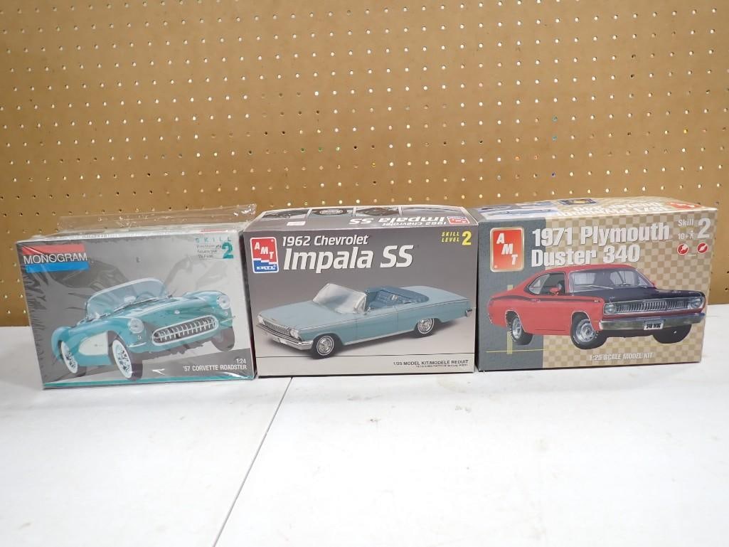 3 Car Model Kits incl AMT Ertl 1962 Chevrolet Impala SS 1/25 Scale, Monogram '57 Corvette (1 of 9)