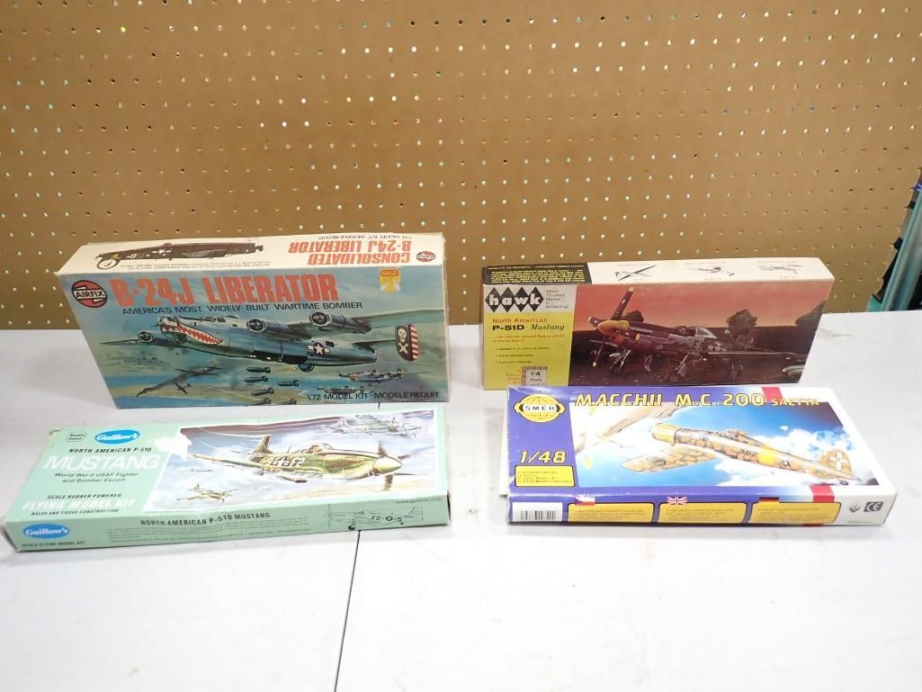 4 Airplane Model Kits incl Airfix B-24J Liberator, Hawk North American P-51D Mustang, SMER Macchii M (1 of 10)
