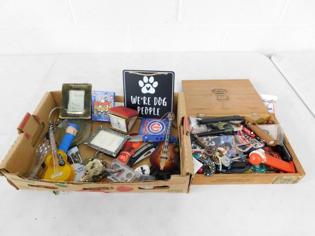 Lot of Smalls , Trinkets, Etc incl Pocket Knife, Clock, Christmas Ornaments, Pez Dispensers, (1 of 3)