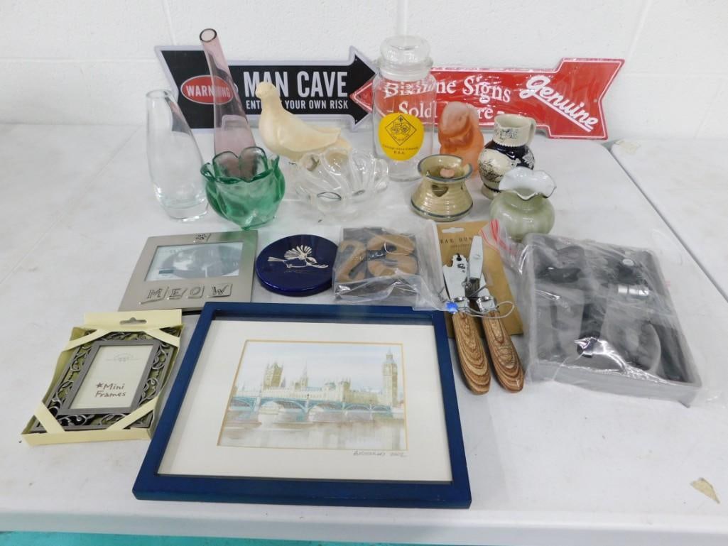 Lot of 18+ Home Items incl Rae Dunn Can Opener - New, Wine Bottle Opener Set, Cub Scout Candy Jar,: Lot of 18+ Home Items incl Rae Dunn Can Opener - New, Wine Bottle Opener Set, Cub Scout Candy Jar, Frame Art Work, 2 Metal Wall Signs, Large Bird Figure, vases, bowls, etc