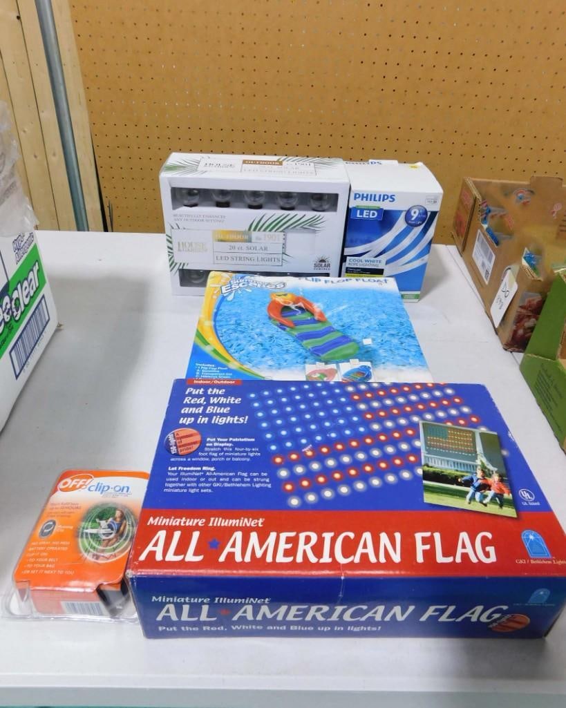 New in Box Miniature Illuminet US Flag, Off Clip On, Pool Floater, Light Bulbs, Solar String Lights (1 of 5)