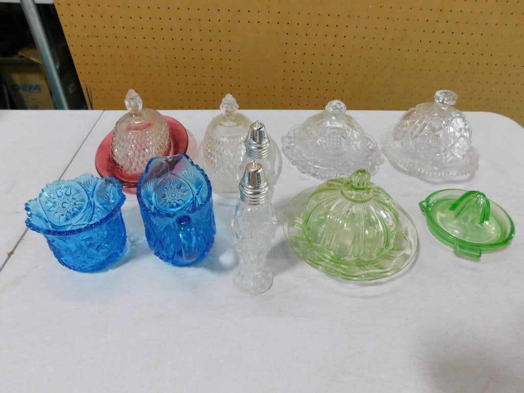 Vintage Glassware incl Blue Glass Creamer and Sugar, Green Uranium Glass or Depression Glass Covered (1 of 11)
