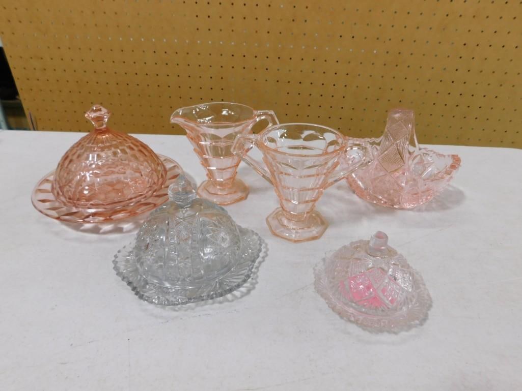 Depression Glass Lot incl Pink Jeannette Cube Round Covered Butter Dish, Pink Indiana: Depression Glass Lot incl Pink Jeannette Cube Round Covered Butter Dish, Pink Indiana Tearoom footed creamer and sugar bowl, small pink glass basket, 2 clear covered butter dishes