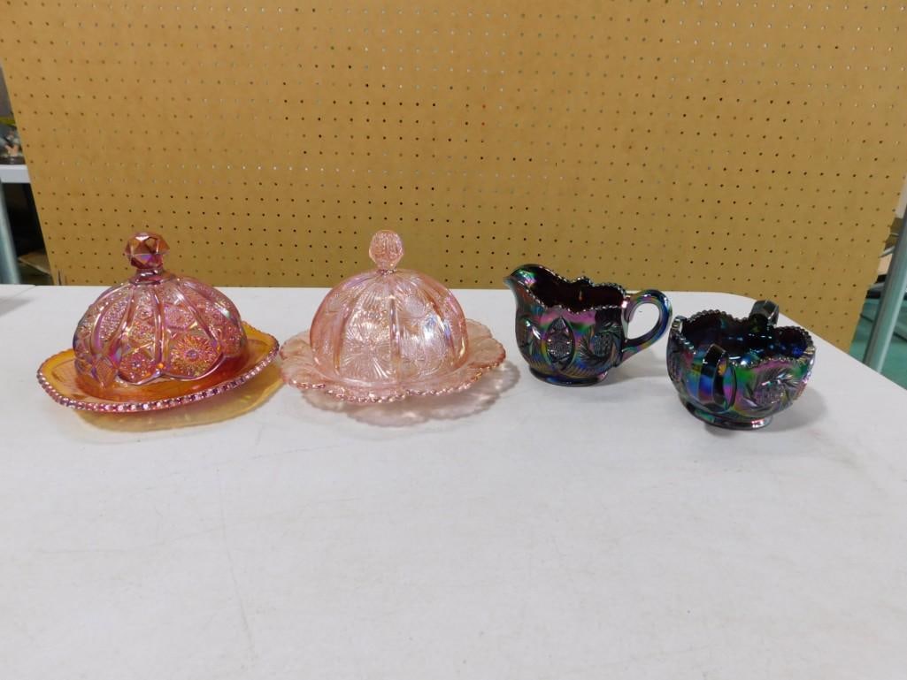 Carnival Glass incl 2 Round Covered Butter Dishes and an Amethyst Carnival Glass Creamer and Sugar B (1 of 7)