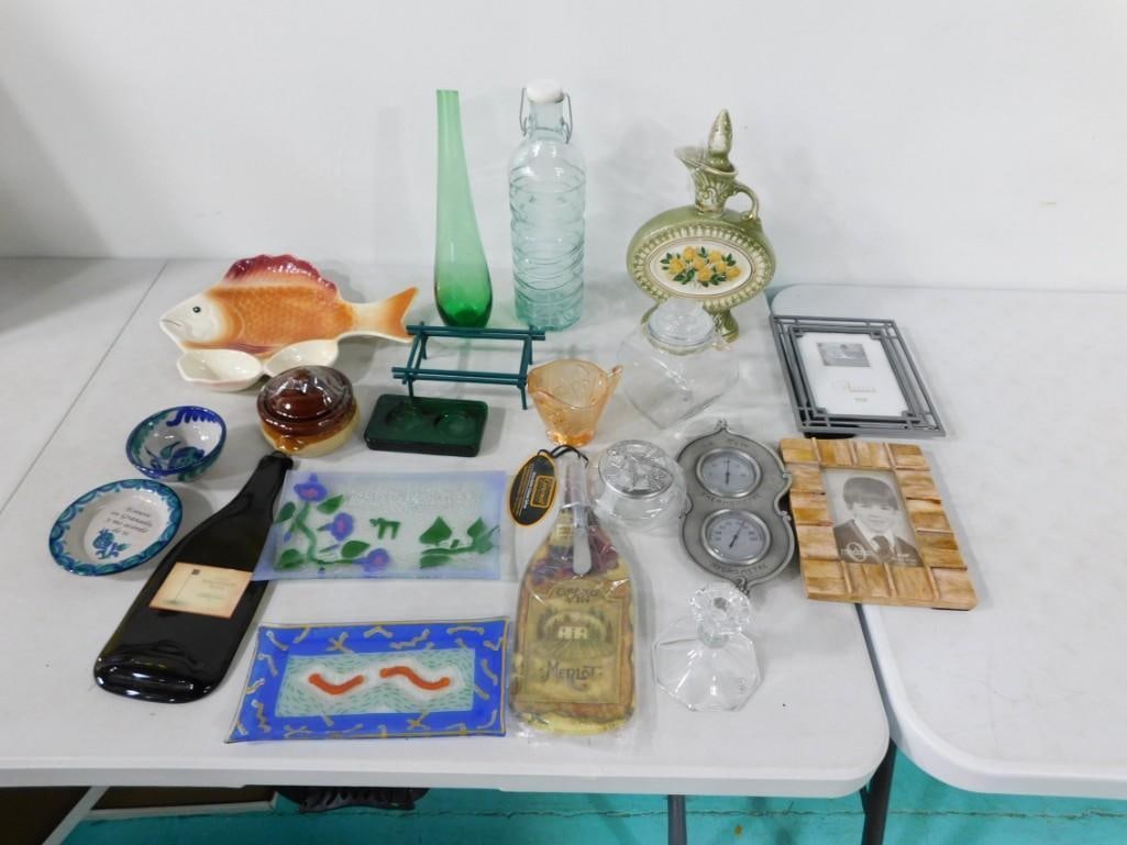 Misc. Glass / Ceramic Lot, etc. including flattened wine bottle, Fish Tray, Frames, Decanter, Vase,: Misc. Glass / Ceramic Lot, etc. including flattened wine bottle, Fish Tray, Frames, Decanter, Vase, etc