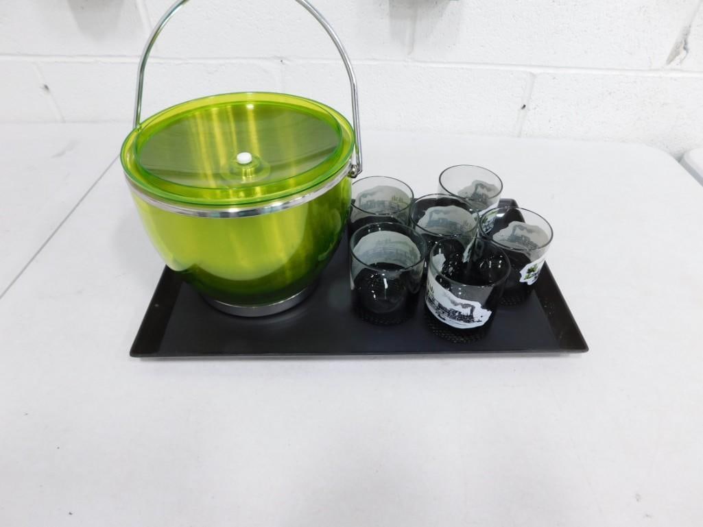 Green Ice bucket, Tray, and 6 Railroad Whiskey Glasses (1 of 10)