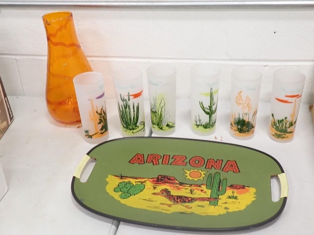 MCM Barware Lot including Blakely Oil & Gas Arizona Cactus Hi Ball Glasses, Serving Tray and Hand (1 of 9)