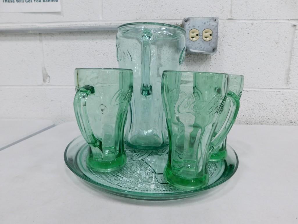 Coca Cola Green Glass Lot including Pitcher, Tray and 3 Glasses with Handles: Coca Cola Green Glass Lot including Pitcher, Tray and 3 Glasses with Handles