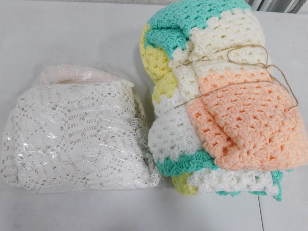 Hand Knit Blanket and some vintage Crochet Knit Table Cloths, etc. (1 of 6)