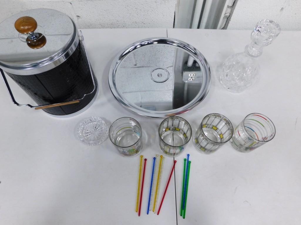 Ice Bucket with Frank Lloyd Write Whiskey Glasses, Swizzle Sticks, Waterford Crystal Decanter, etc. (1 of 15)