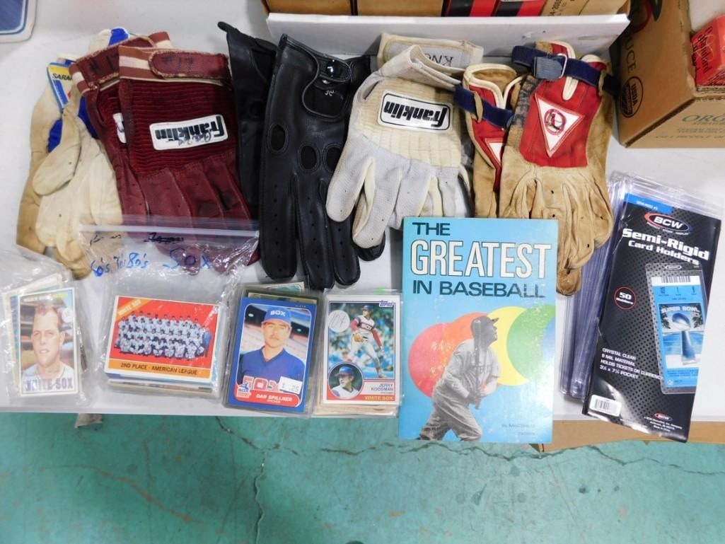 Sports lot including old batting gloves, vintage baseball cards, etc (1 of 13)