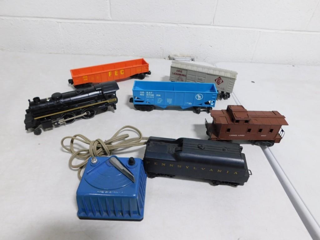 Model Train Lot including Blue Lionel Transformer, Engine, Caboose, other Train Cars (1 of 6)