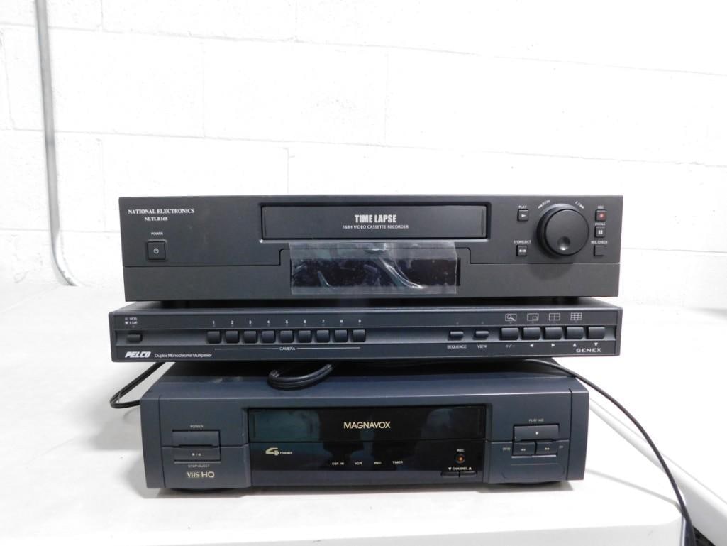 Electronics Lot including Time Lapse VCR, Magnavox 168H VCR, Pelco Duplex Monochrome Multiplexer (1 of 10)