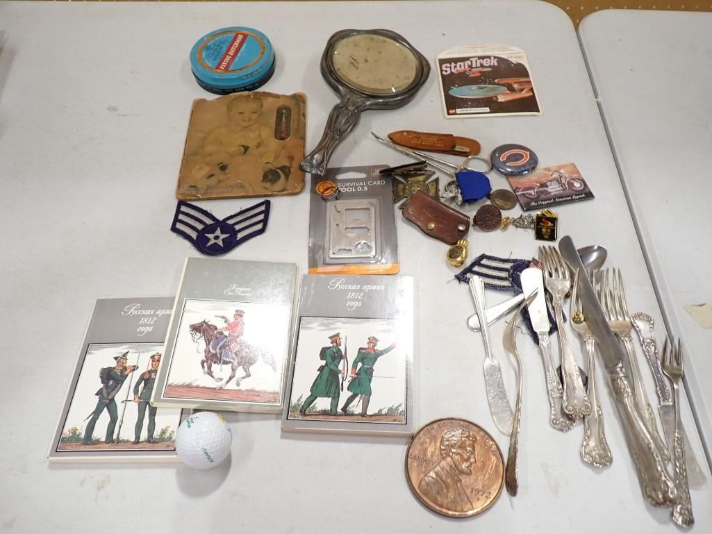 Smalls Lot including Old Thermometer, Mirror, Flatware, Star Trek, Survival Tool, Chicago Bears, Pin: Smalls Lot including Old Thermometer, Mirror, Flatware, Star Trek, Survival Tool, Chicago Bears, Pins, Buttons, Viewmaster, etc.