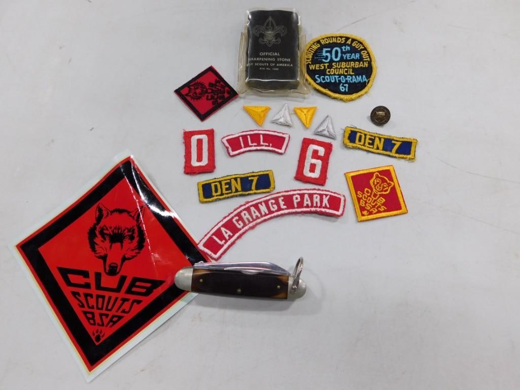 Cub Scout Lot including Patches, Sharpening Stone, knife, etc. (1 of 2)