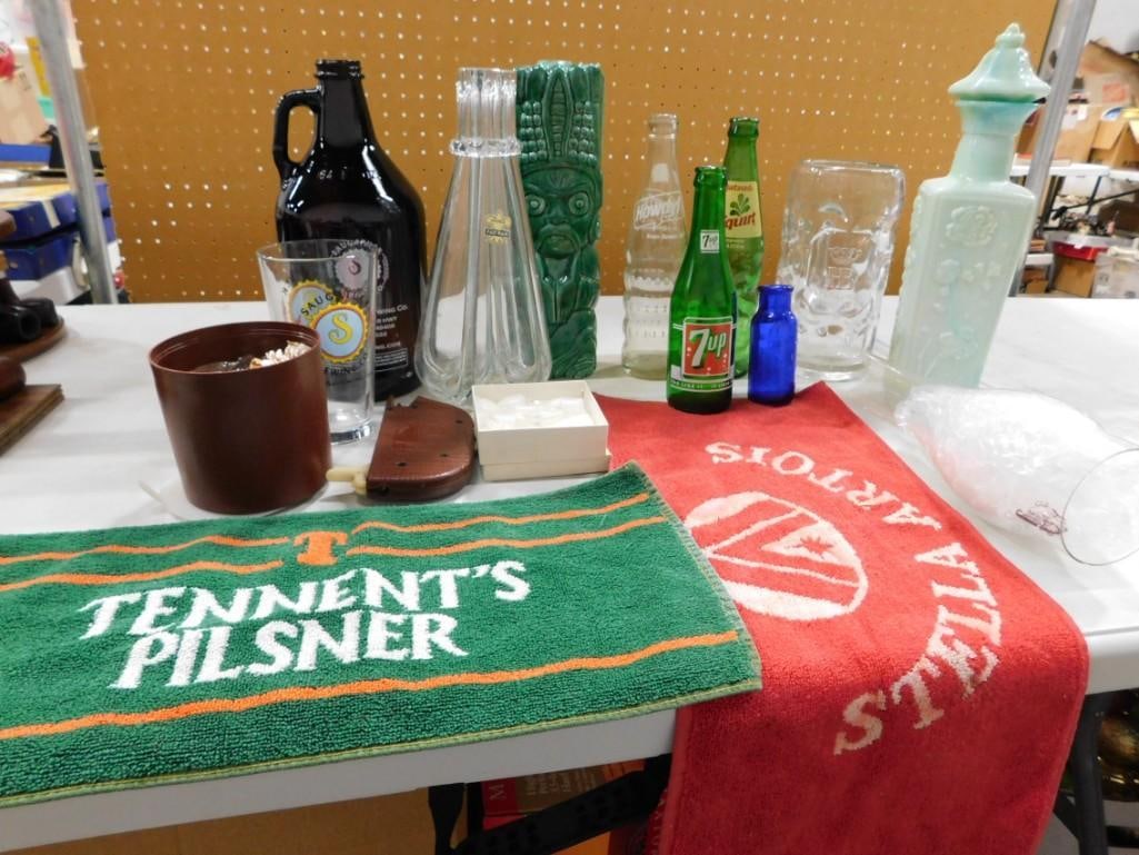 Assorted Drinking Lot including Old Bottles, Decanters, Stella Artois, Tennent's Pilsner bar towels: Assorted Drinking Lot including Old Bottles, Decanters, Stella Artois, Tennent's Pilsner bar towels, Cigarette Maker, etc .