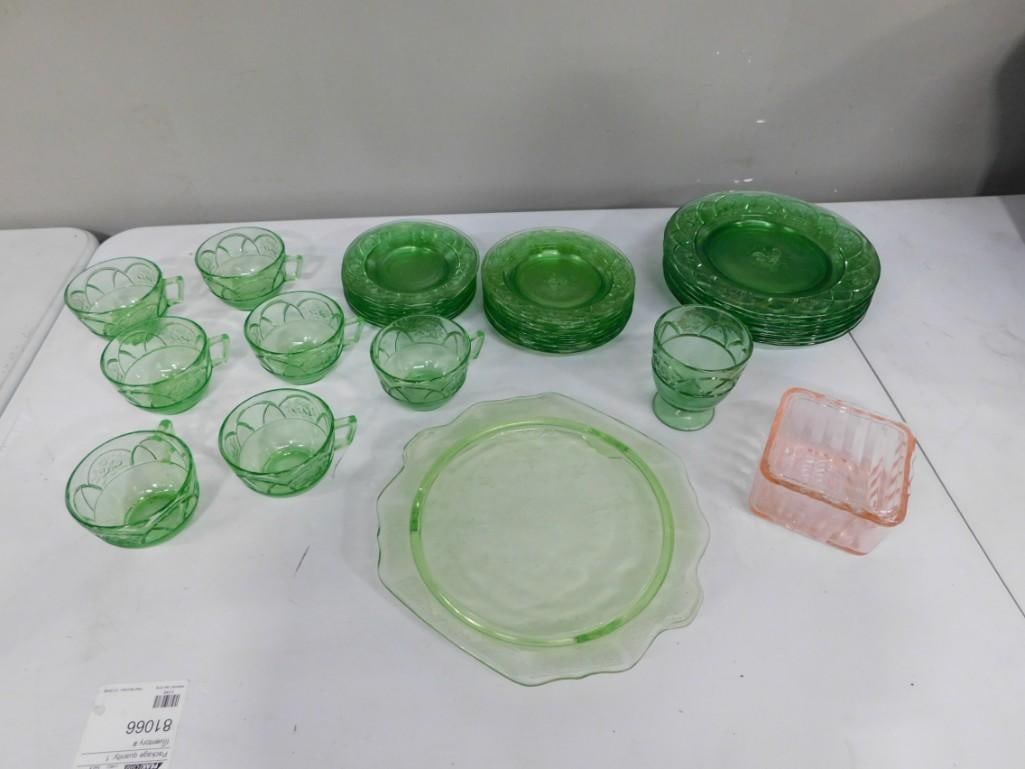 Vtg 1940s Green Depression Glass Dishes Lot (1 of 9)