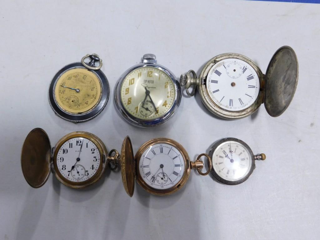 Lot of 6 Vintage or Antique Pocket Watches including Top Notch Ingraham, Elgin, etc.: Lot of 6 Vintage or Antique Pocket Watches including Top Notch Ingraham, Elgin, etc.