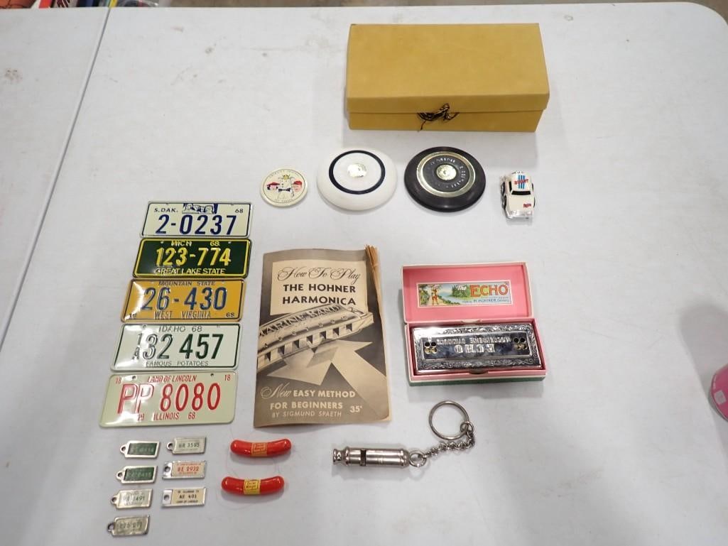 Lot of Smalls incl Mini License Plates, The Echo Harmonica, 2 Wham-O Mini Frisbees, (1 of 13)