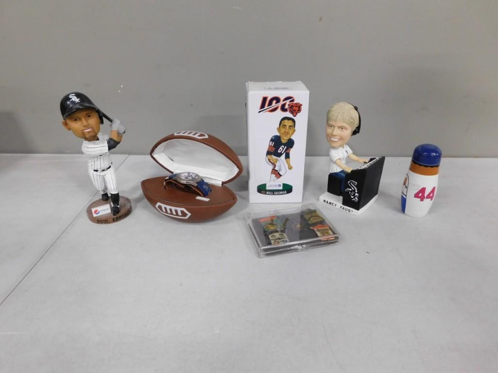 Sports Lot incl Football Watch in a Case, Chicago White Sox Organist Nancy Faust Figure, Sports Pins (1 of 7)