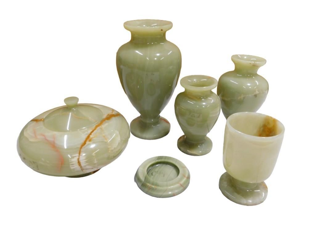 Carved Green Stone or Onyx Items incl 3 Vases, a Covered Jar or Candy Dish, a Goblet, and a Vase Sta (1 of 8)