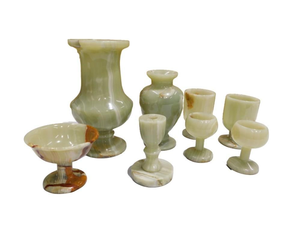 Carved Green Stone or Onyx Items incl Footed Bowl, 2 Vases, 4 Goblets, 1 Candlestick Holder (1 of 7)