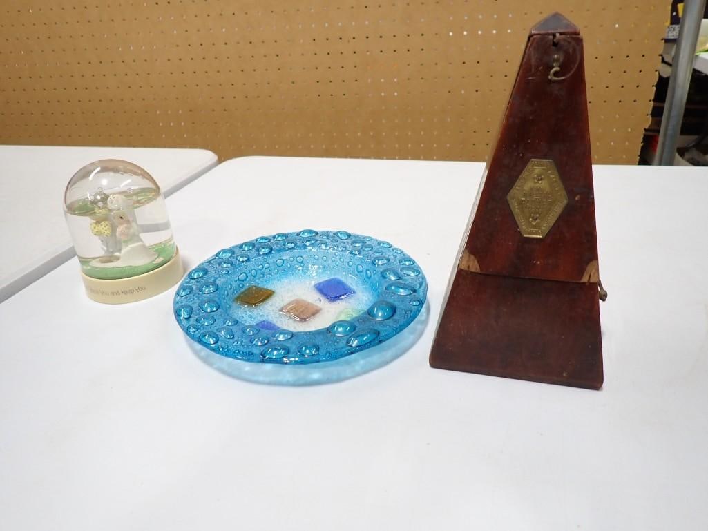 Vintage Metronome, Art Glass Dish, Precious Moments Snow Globe: Vintage Metronome, Art Glass Dish, Precious Moments Snow Globe