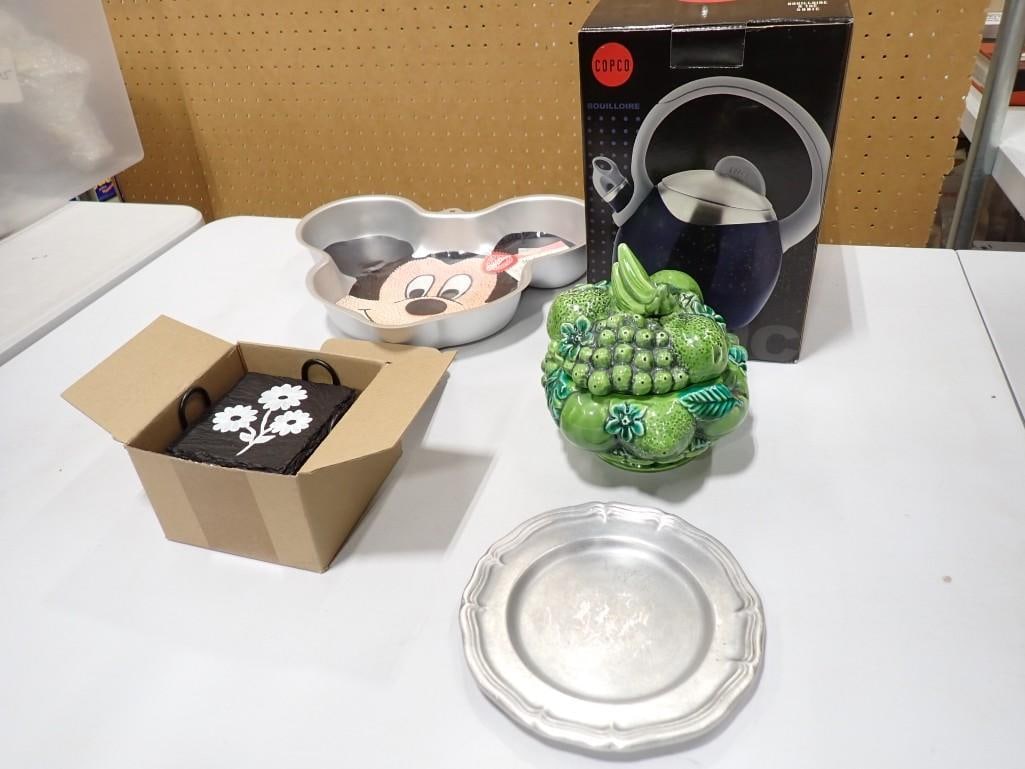Kitchen Lot including Wilton Mickey Mouse Cake Pan, Ceramic Grape/Apple Fruit Bowl, Tea Kettle (1 of 10)