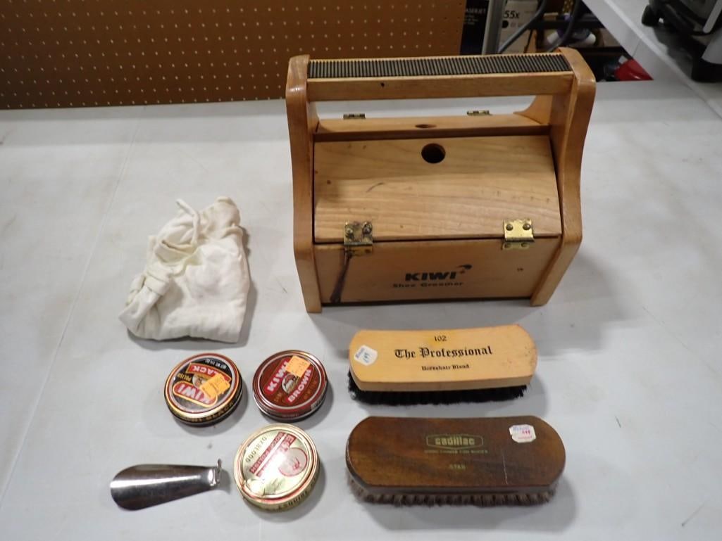 Shoe Shine Box, Brushes, Etc: Shoe Shine Box, Brushes, Etc