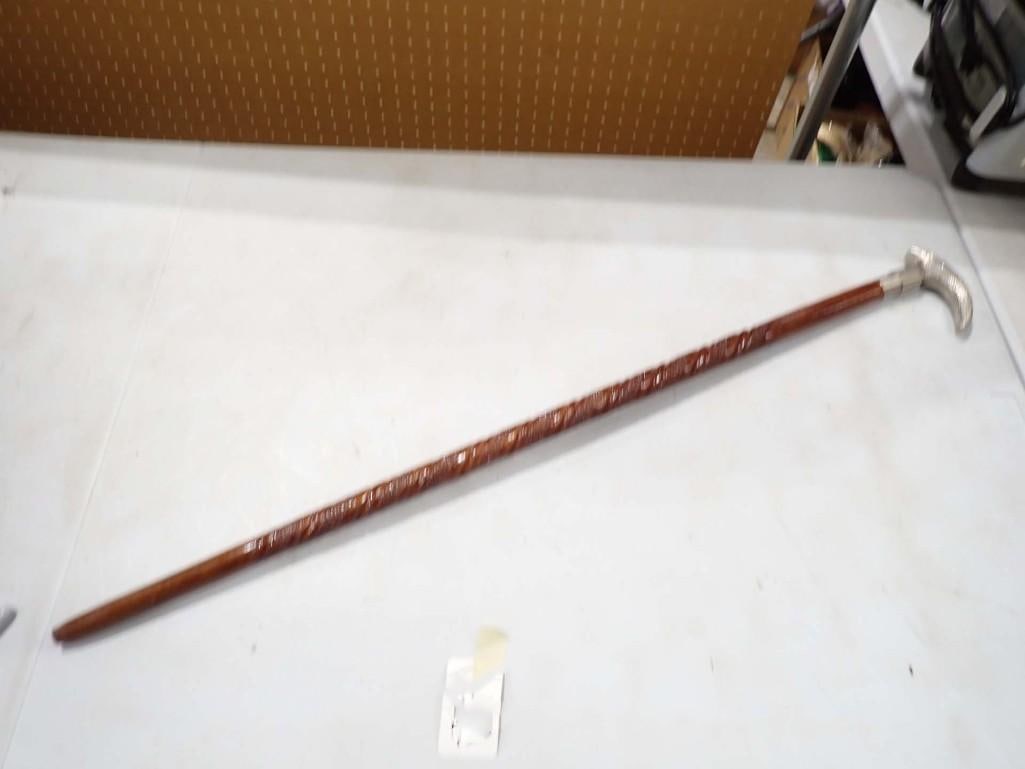 Carved Wood Cane with Fancy Metal Handle Walking Stick: Carved Wood Cane with Fancy Metal Handle Walking Stick