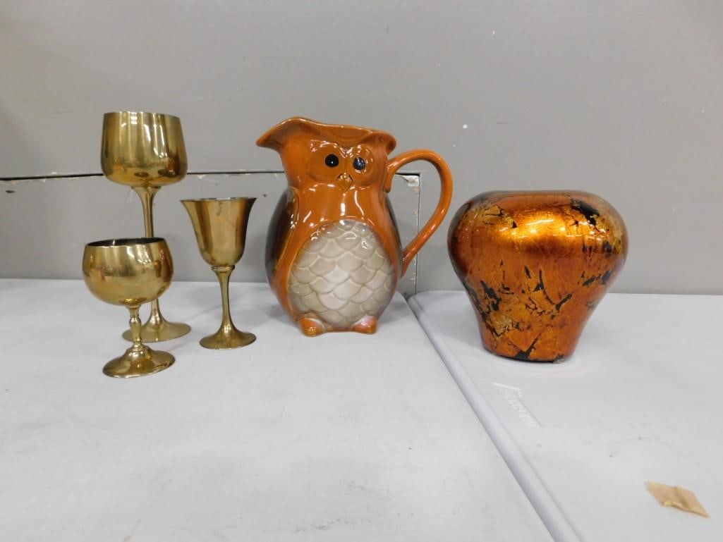 Lot of Ceramic and Metal Decor incl Owl Pitcher, Vase, 3 Goblets (1 of 5)