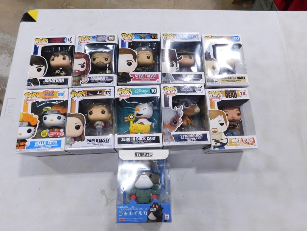 10 Funko Pop Figures incl Stygimoloch, Pam Beesly, Daryl Dixon, Teddy,: 10 Funko Pop Figures incl Stygimoloch, Pam Beesly, Daryl Dixon, Teddy, Steve Trevor, Aquaman, Jonathan, Hello Kitty, Zero in Duck Cart, Shikamaru Nara all new in box plus a Nyaruto Figure New in Box.