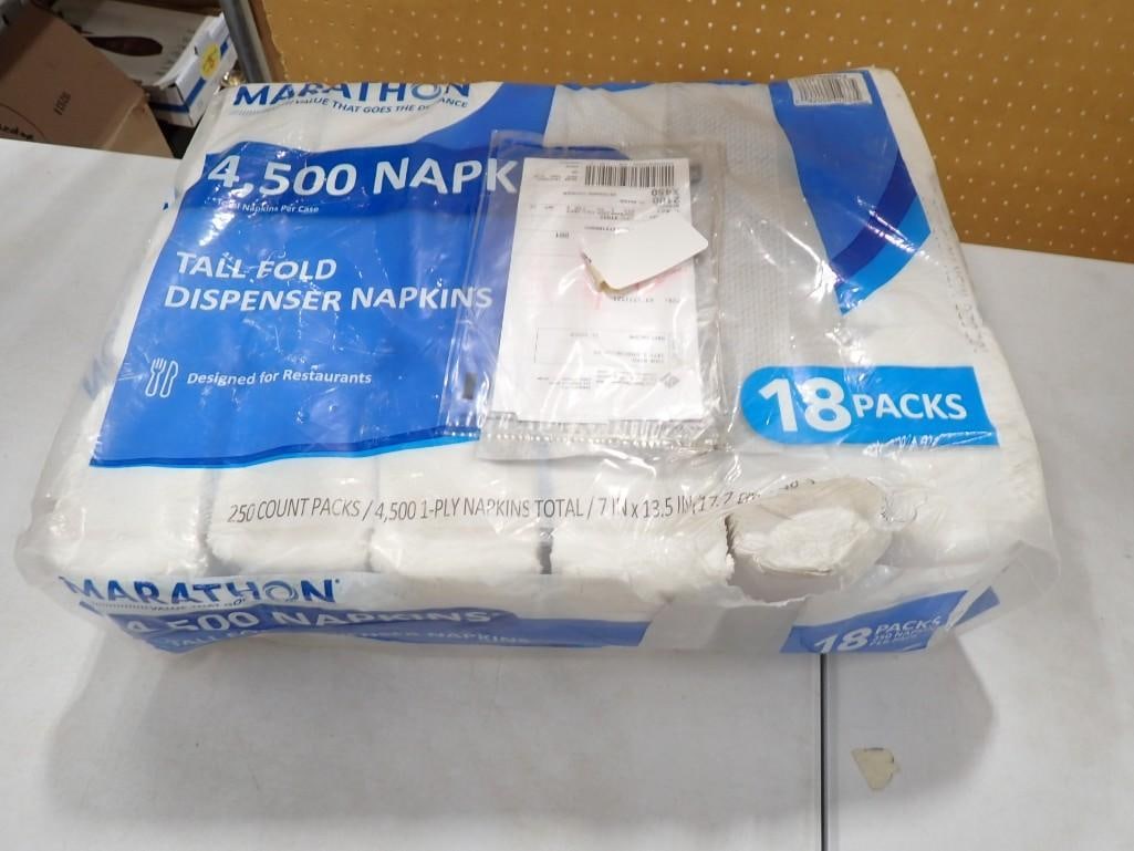 Case of 4500 Napkins for Tall Fold Dispensers: Case of 4500 Napkins for Tall Fold Dispensers Condition: bag is damaged and 1 of the sets is a little dirty