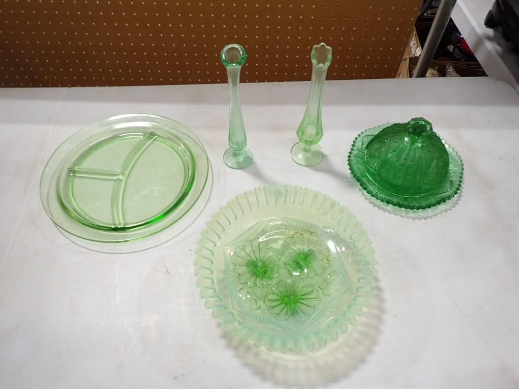 Green Glass Lot incl Uranium Glass, Depression Glass, Stretch or Swung Vases, Etc (1 of 10)