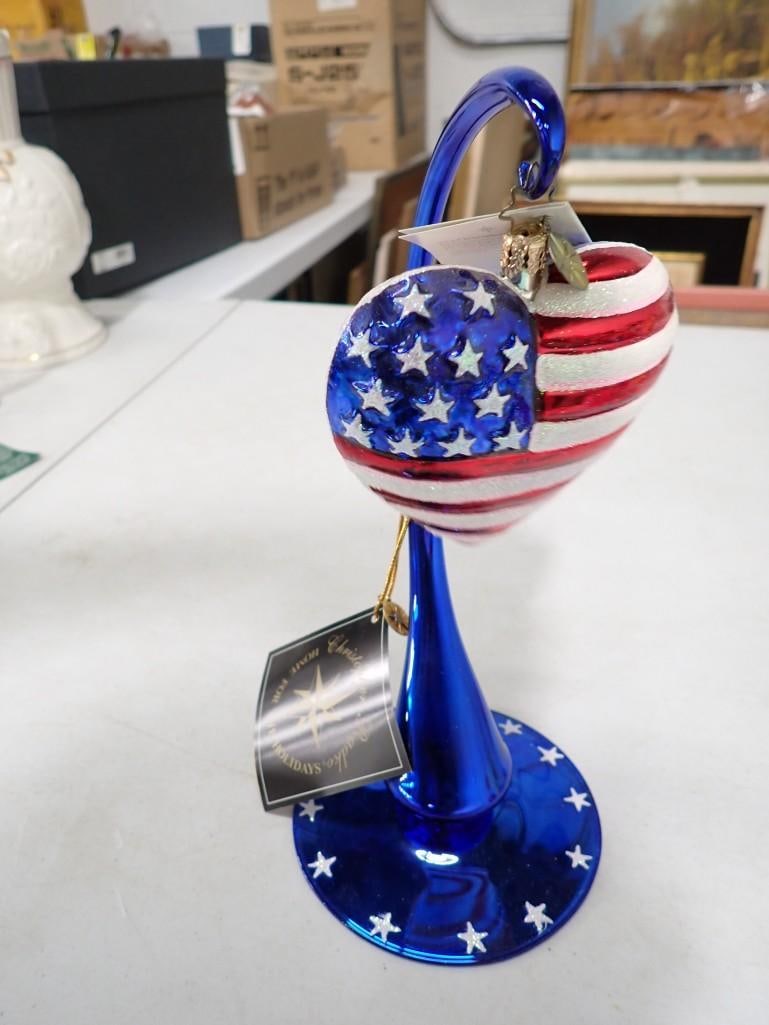 Christopher Radko Brave Heart Patriotic Christmas Ornament with Stand and Original Tag: Christopher Radko Brave Heart Patriotic Christmas Ornament with Stand and Original Tag
