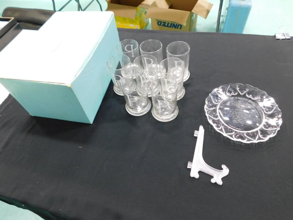 Glass Lot including Tiffany Plate with stand, Dorthy C Thorpe California MCM Drinking Glasses and (1 of 12)