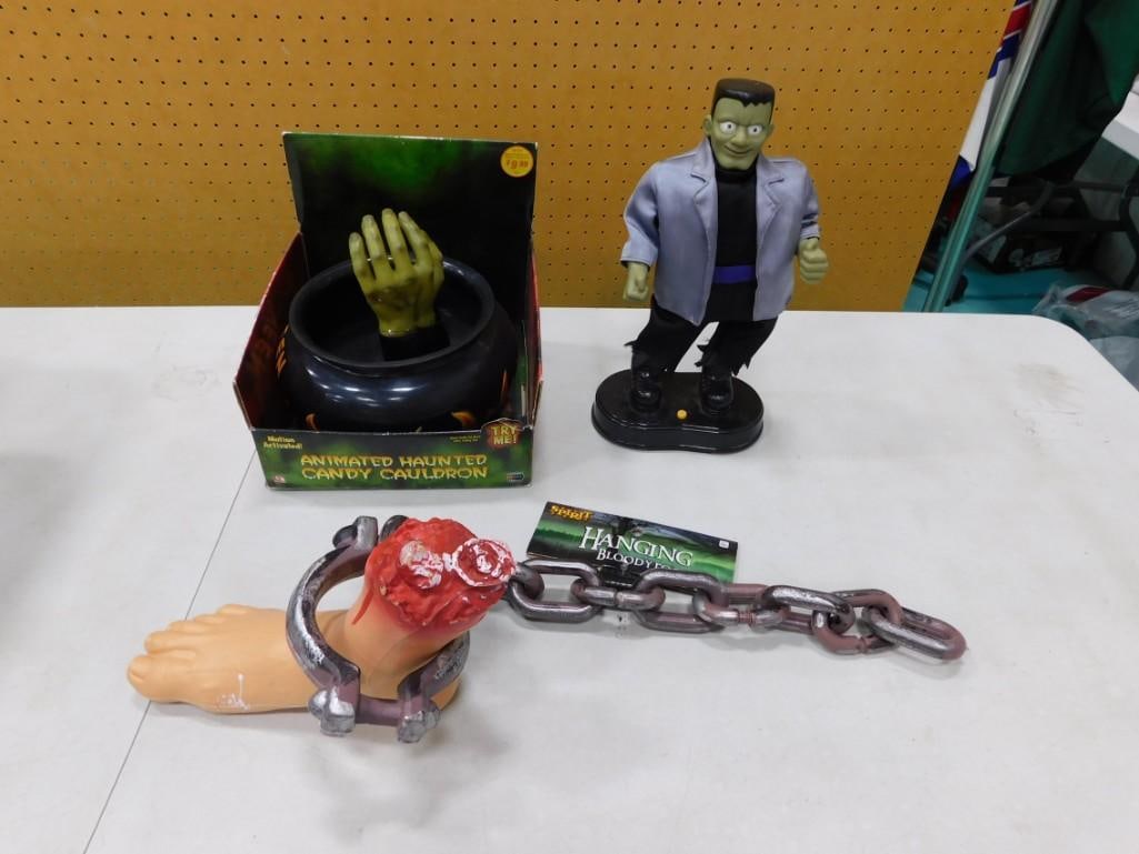 Halloween Lot incl Animated Haunted Candy Cauldron, Animated Frankenstein,: Halloween Lot incl Animated Haunted Candy Cauldron, Animated Frankenstein, Hanging Bloody Foot Decoration