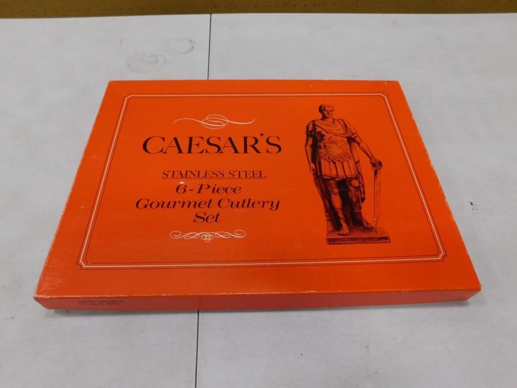 Vintage Caesar's Stainless Steel 6 Piece Gourmet Cutlery Set in Original Box: Vintage Caesar's Stainless Steel 6 Piece Gourmet Cutlery Set in Original Box. Includes 5 knives and a meat fork