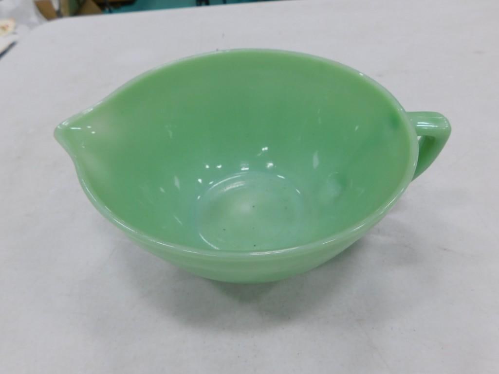Fire King Jadeite Glass Mixing Bowl with Handle and Spout: Fire King Jadeite Glass Mixing Bowl with Handle and Spout
