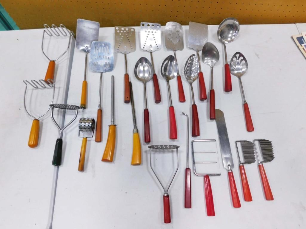 Vintage Kitchen Utensils incl Red Bakelite Handles, Butterscotch Bakelite Handles, Etc (1 of 6)