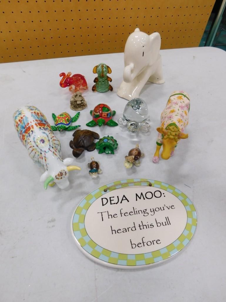 Collectible Animal Figurines Lot including Art Glass Elephant, Turtles, Cows, Decor, Etc. (1 of 9)