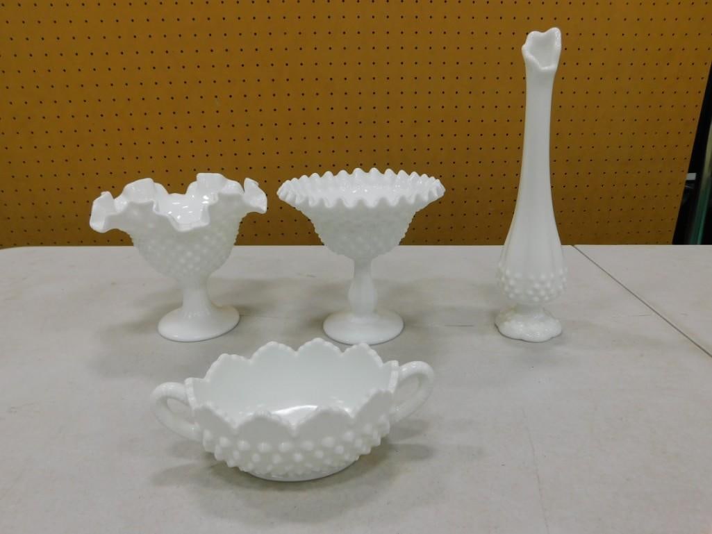 Lot of Hobnail Milk Glass incl Stretch or Swung Vase, 2 Footed Ruffled Edge Bowls, 2 Handled Dish (1 of 4)