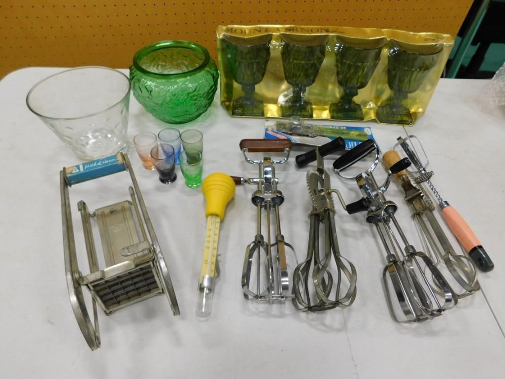 Vintage Kitchen incl Hand Mixers or Egg Beaters, Fry Cutter, Glass Ice Bucket, Colored Glass Shot Gl (1 of 6)