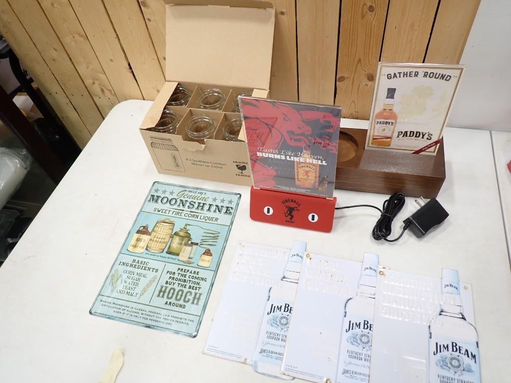 Alcohol Advertising Lot including Fireball USB charger Display, So Co Mason Jars, Jim Beam Signs, (1 of 9)