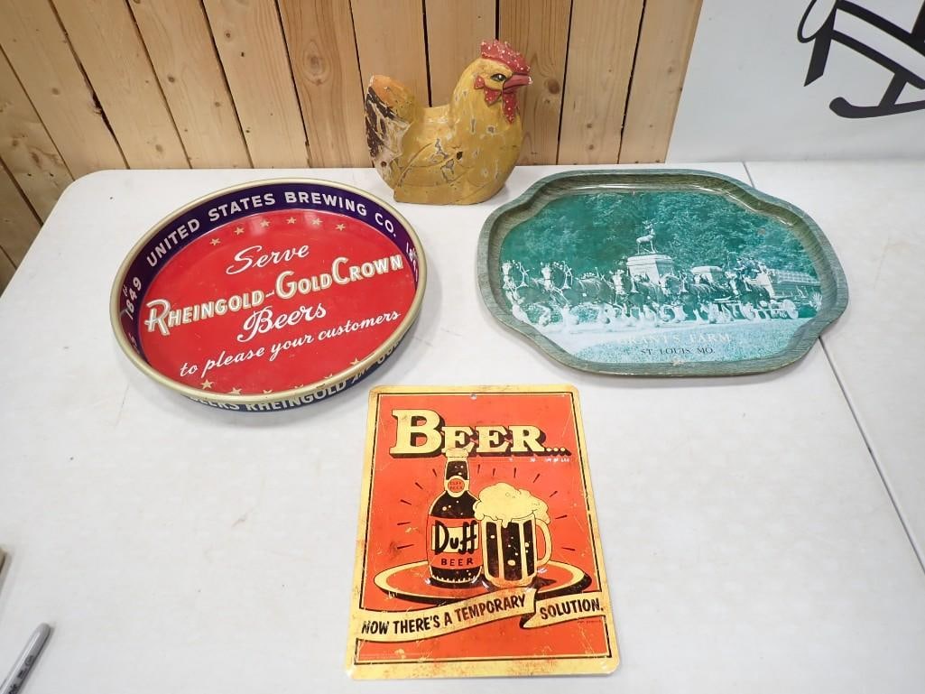 Barware, etc. including Simpsons Duff Beer Sign, Grants Farm Budweiser, Rheingold and Gold Crown Tra: Barware, etc. including Simpsons Duff Beer Sign, Grants Farm Budweiser, Rheingold and Gold Crown Beer Tray. and a decorative chicken