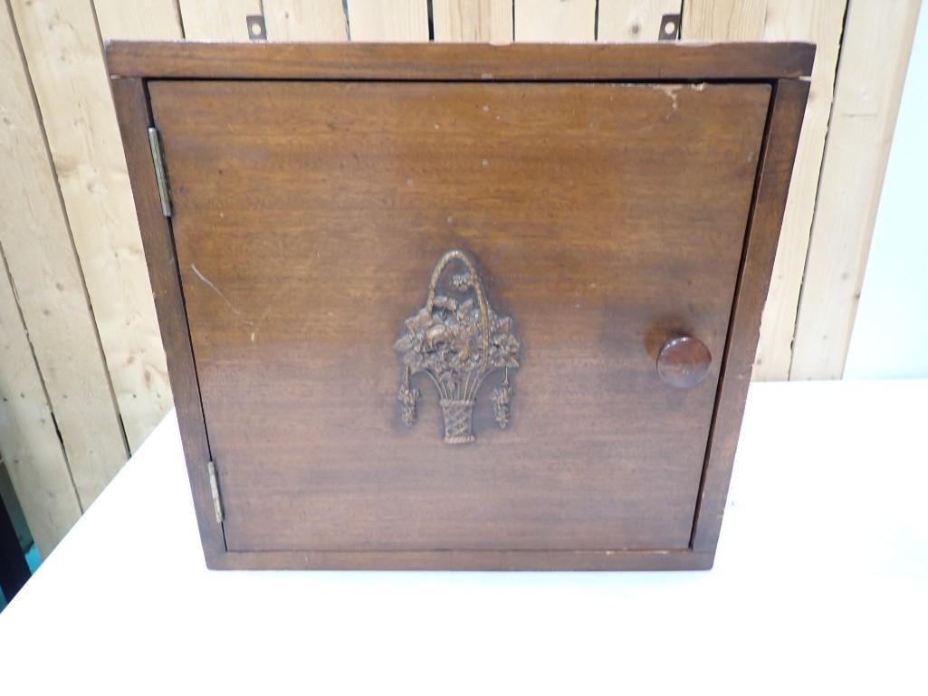 Vintage or Antique Spice or Medicine Cabinet with floral vase design on front: Vintage or Antique Spice or Medicine Cabinet with floral vase design on front