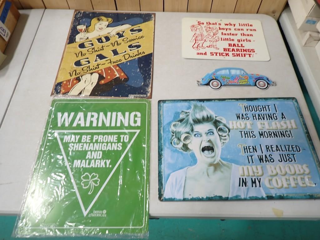 Lot of Novelty Signs, VW Bug, Irish, Drinking, etc.: Lot of Novelty Signs, VW Bug, Irish, Drinking, etc. I think they are supposed to be funny.